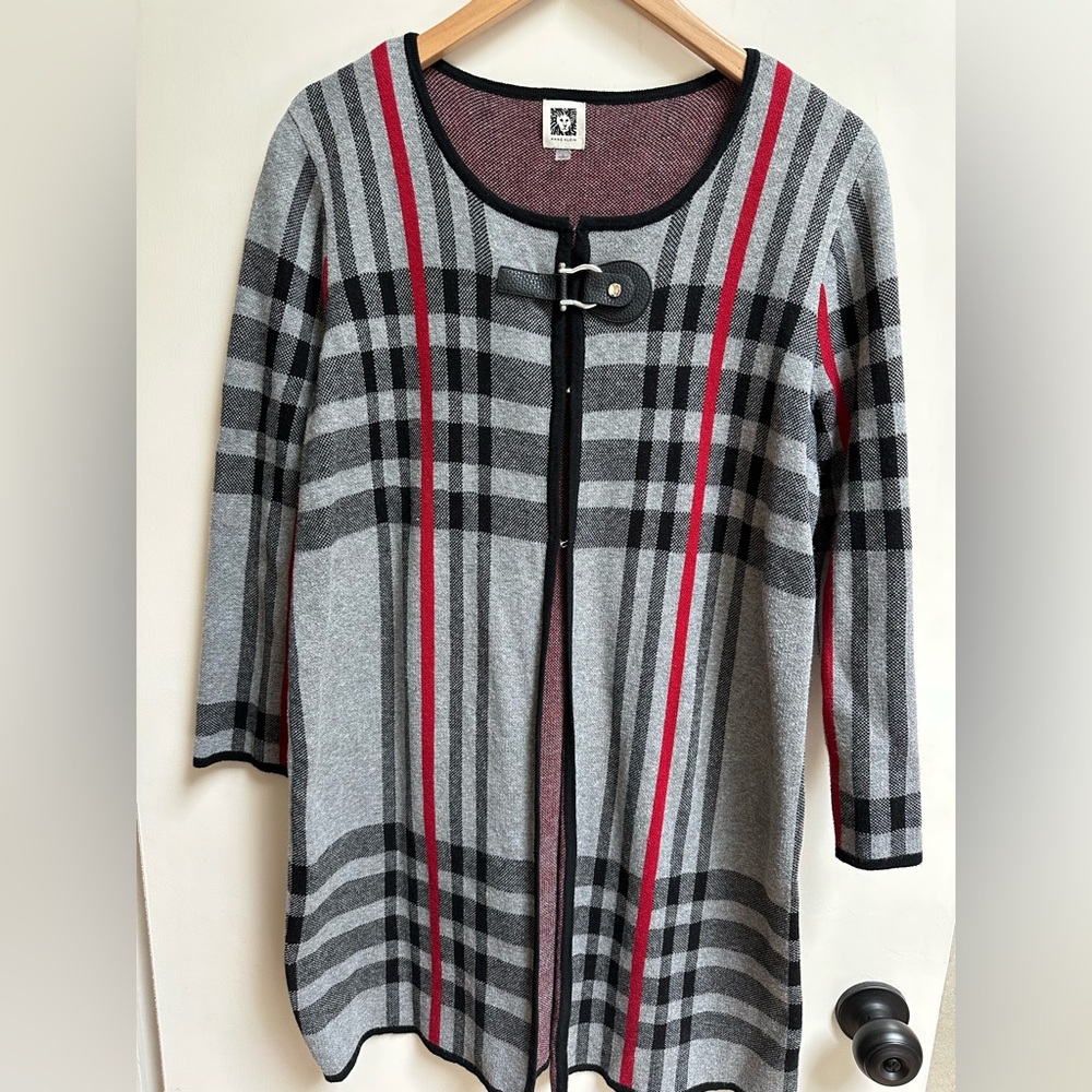 Anne Klein Gray and Red Plaid Cardigan
